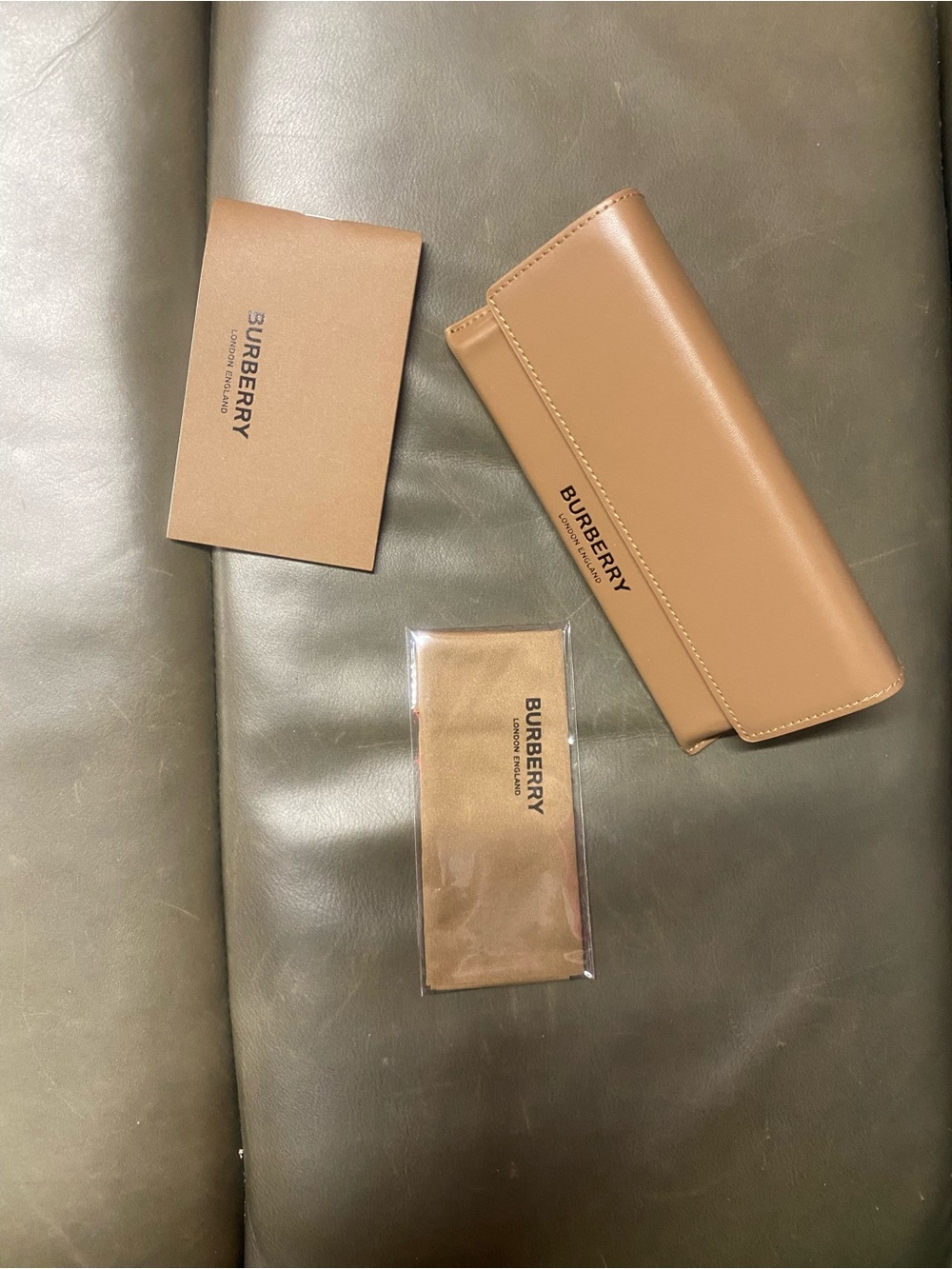 Burberry Tan Leather Sunglasses Case with Branded Cloth Set